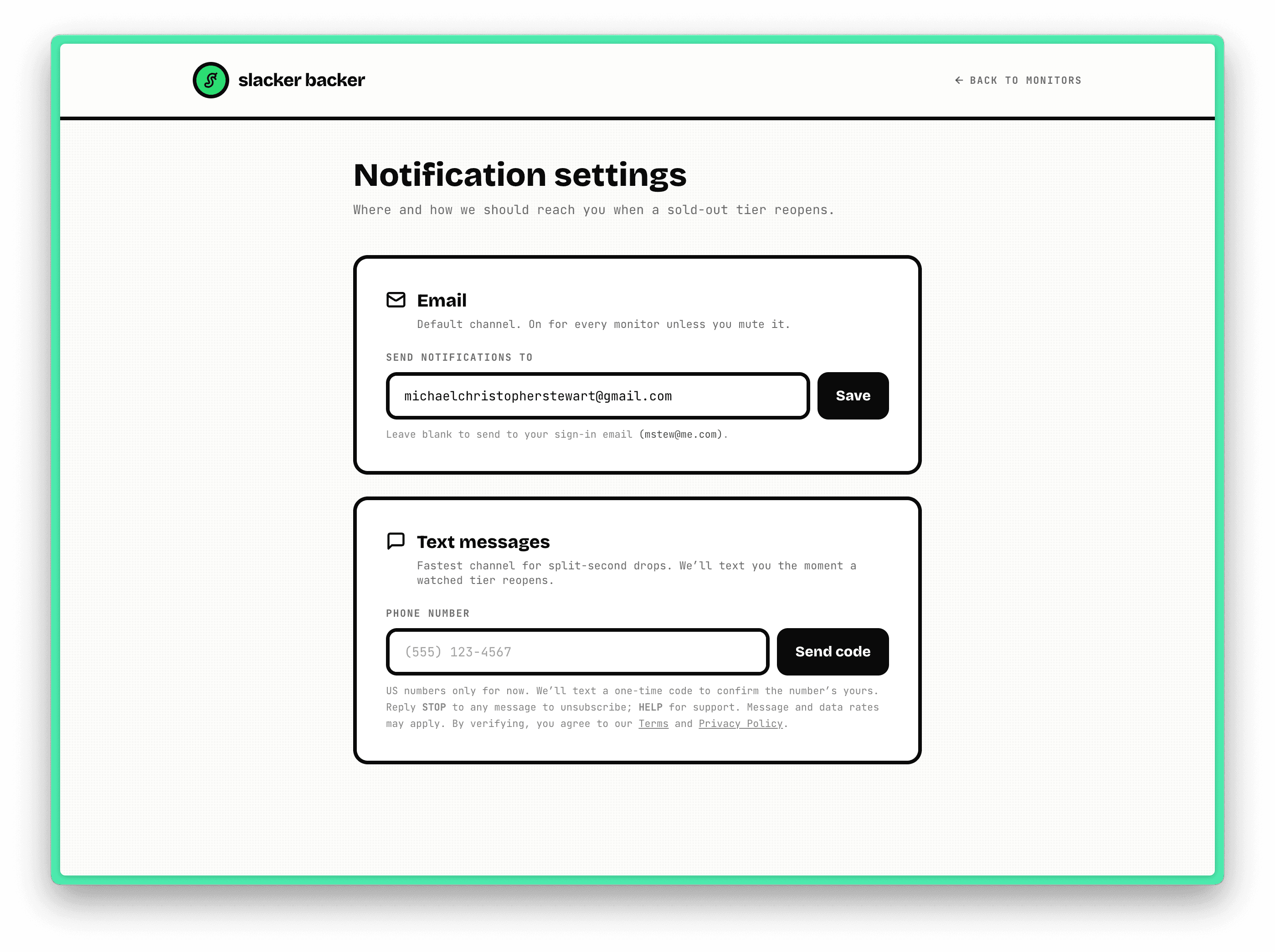 Notification settings page showing the empty Text Messages section with a phone number input and the verbatim SMS consent disclosure below it.