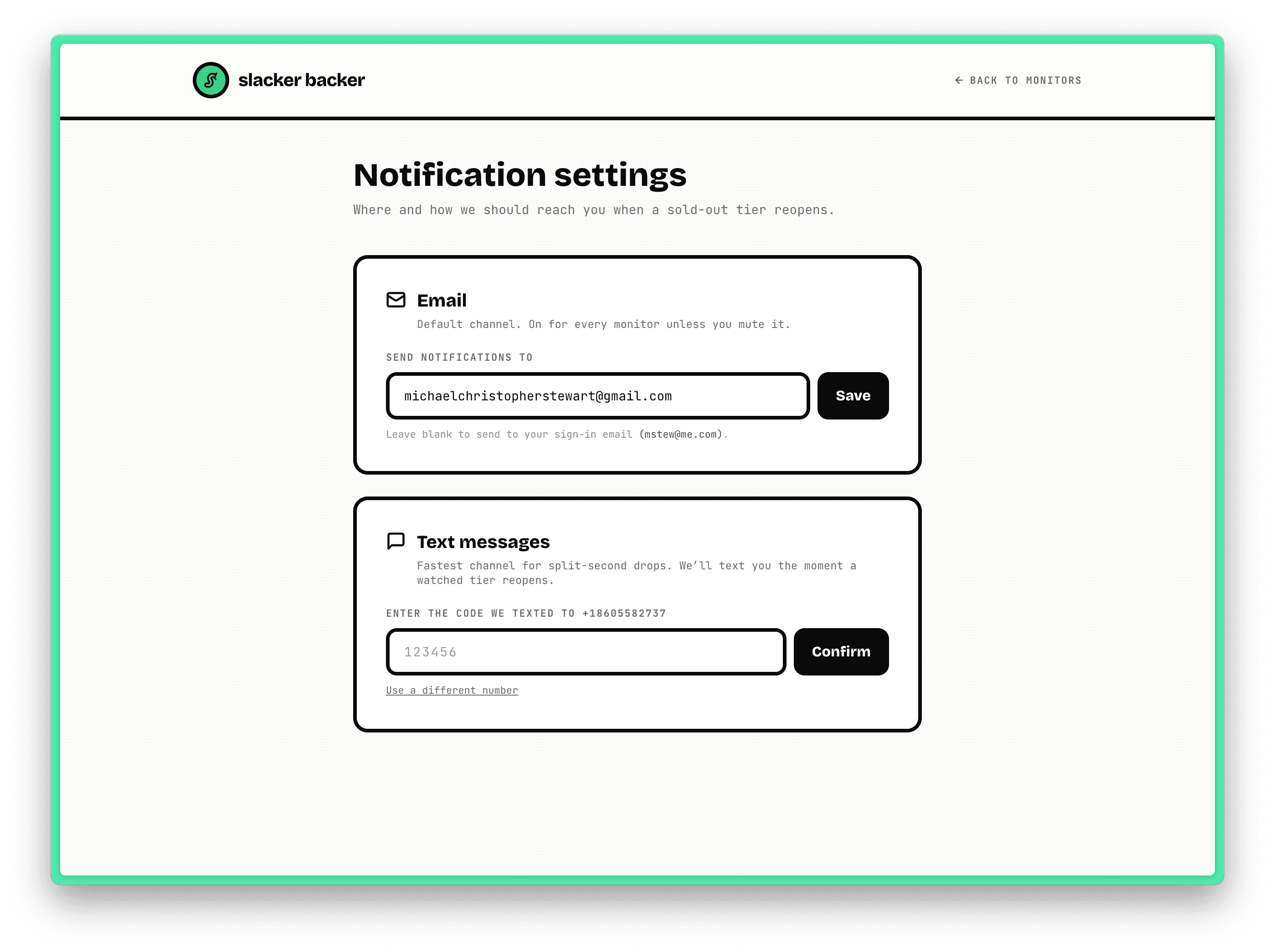 Notification settings page after Send code is clicked, showing the OTP input field and a label reading "Enter the code we texted to +18605502737".