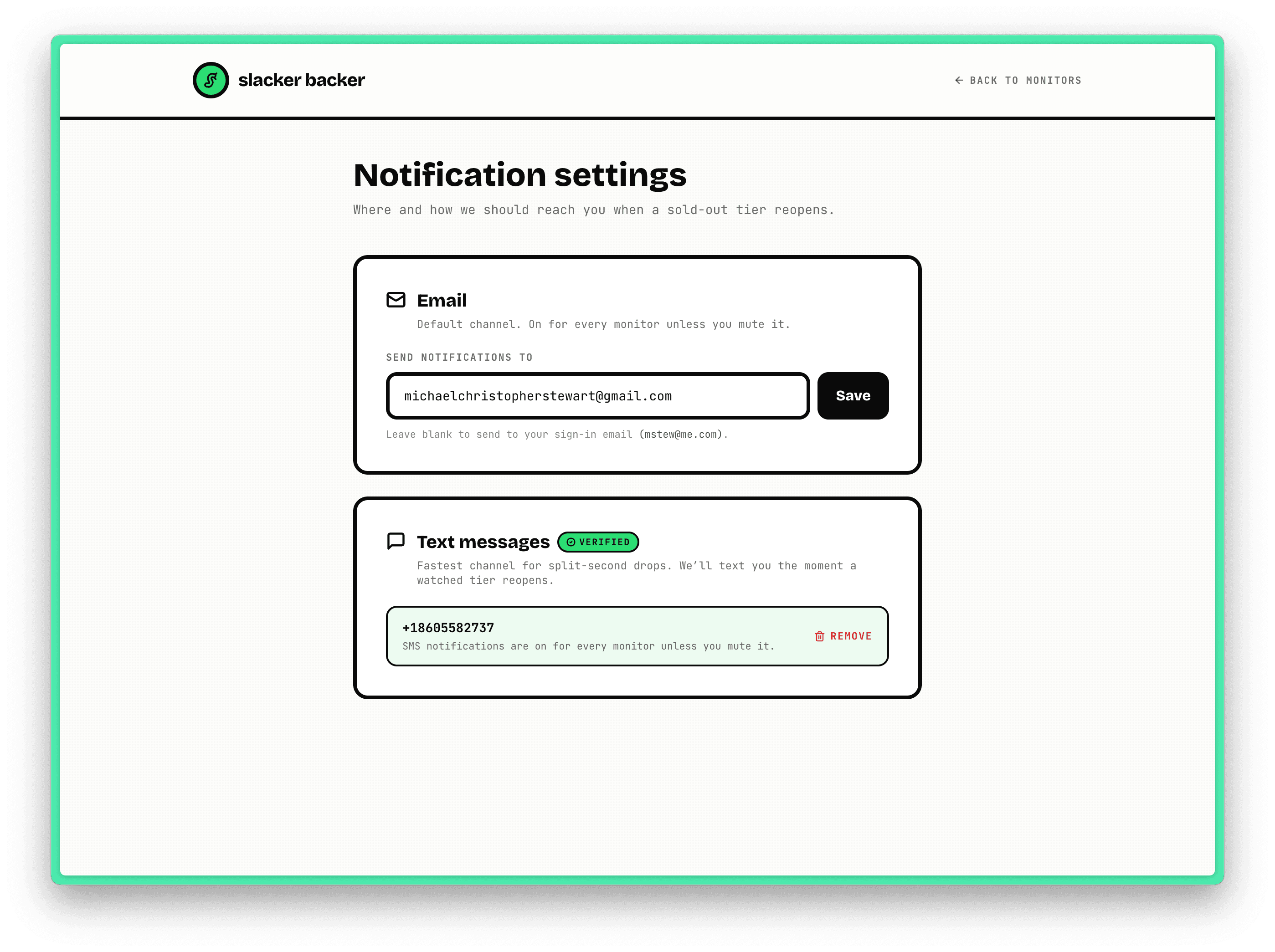 Notification settings showing the verified state — a green VERIFIED chip next to "Text messages", the saved phone number, an explanation that SMS is on per default, and a Remove button.